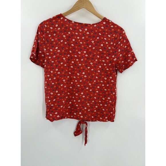 Madewell Womens XSMALL Tie Front Blouse Red Floral Short Sleeve V-Neck Viscose - Picture 8 of 10